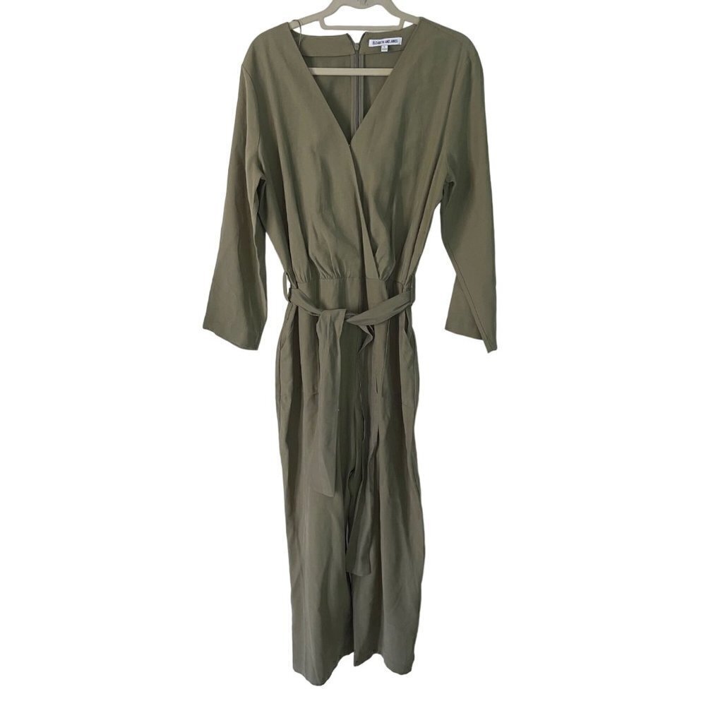 Elizabeth and James Womens Jumpsuit Size Large Green Utility Twill Faux Wrap